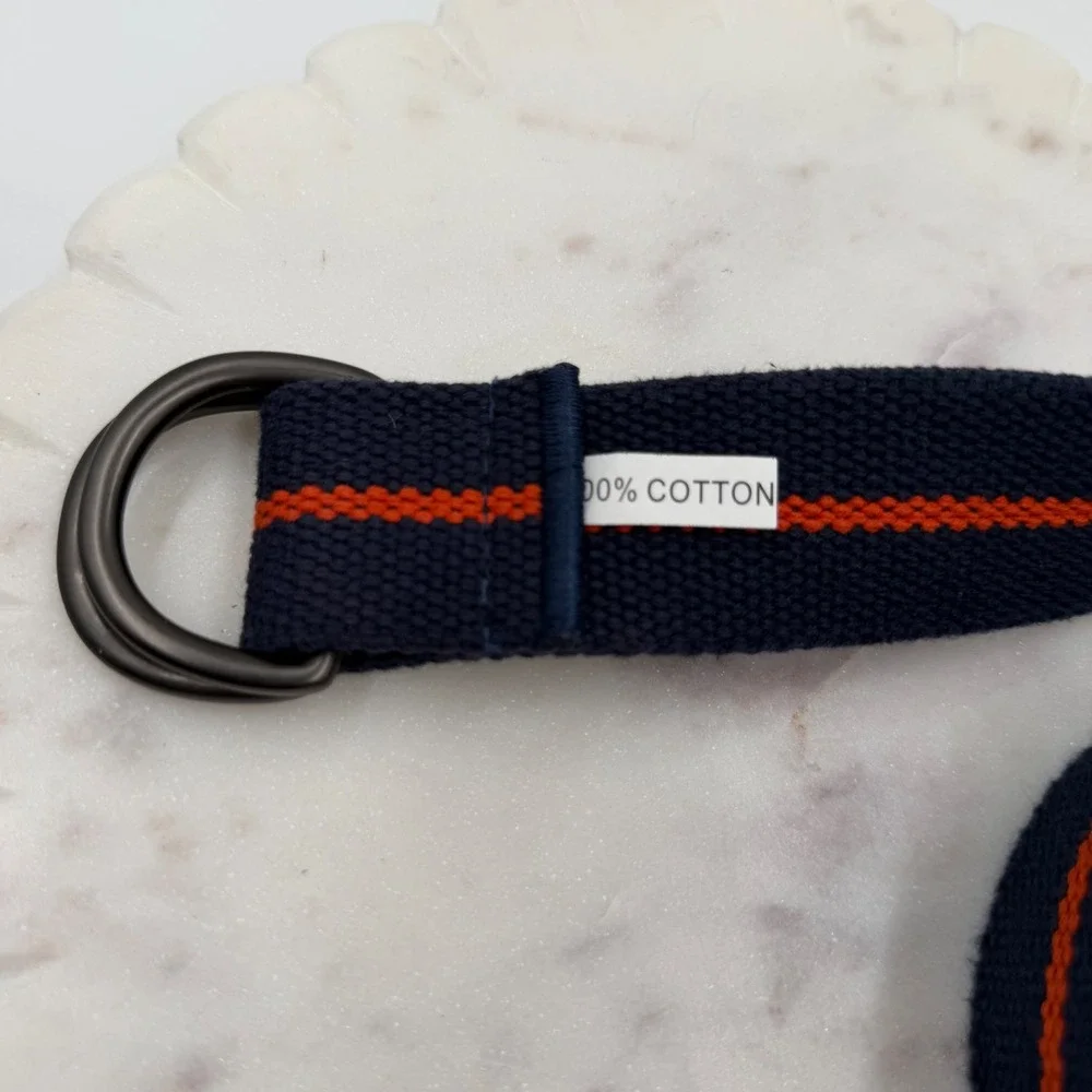 Navy Blue Orange Striped Woven Cotton D-Ring Belt Mens Canvas Webbing 40 Inch